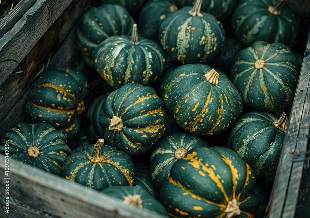 A wooden crate filled with green and orange striped pumpkins, showcasing their unique textures and colors in an autumn harvest setting. A wooden crate filled with green and orange striped pumpkins, showcasing their unique textures and colors in an autumn harvest setting.