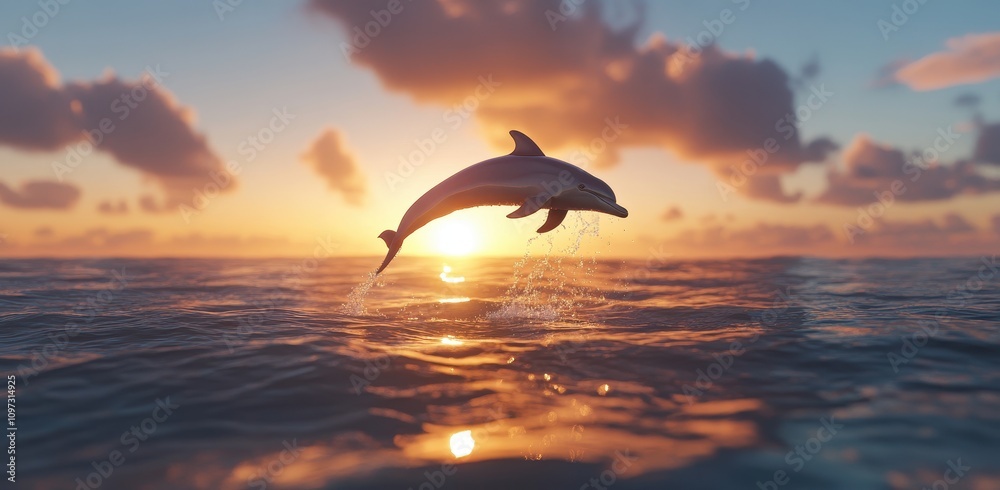 Naklejka premium A dolphin leaps gracefully above the shimmering ocean at sunset, creating a stunning scene filled with vibrant colors and a sense of freedom.