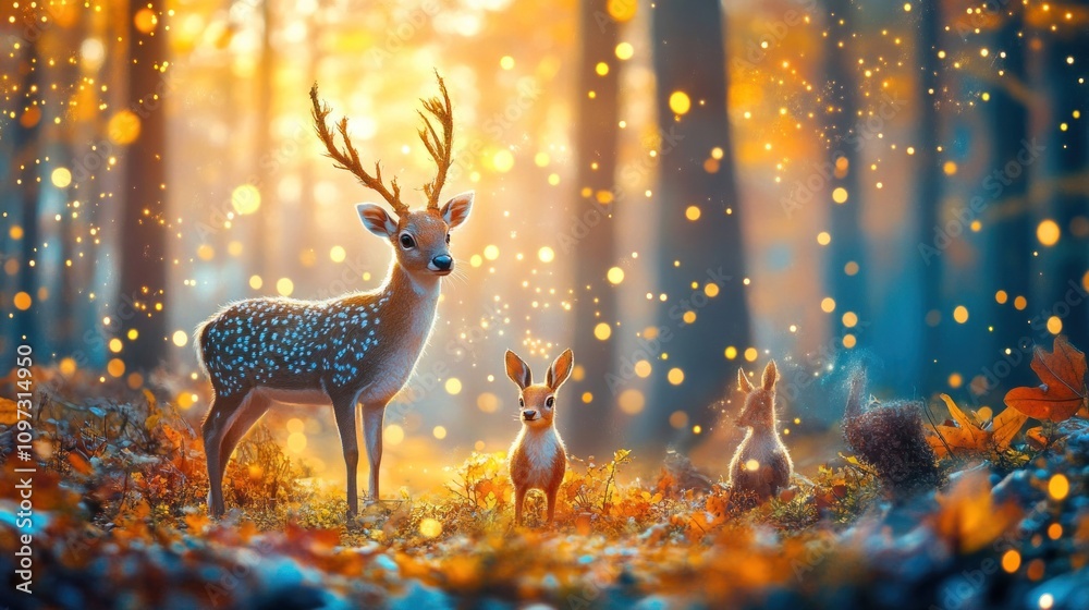Majestic Deer and Young Fawns in Autumn Forest Majestic Deer and Young Fawns in Autumn Forest