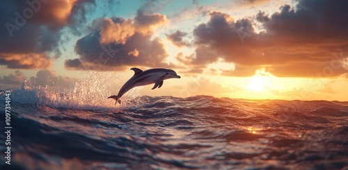 A playful dolphin leaps from the ocean's surface against a vibrant sunset backdrop, enhancing the natural beauty of sea life.