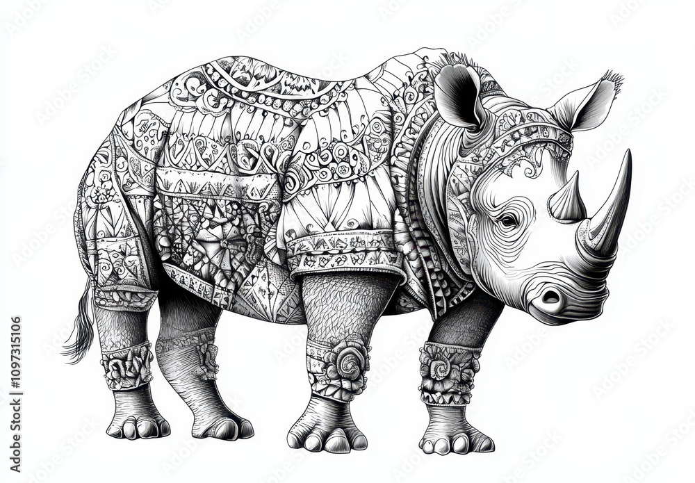 Fototapeta premium A detailed illustration of a rhinoceros adorned with intricate patterns and designs, showcasing artistic creativity and wildlife beauty.