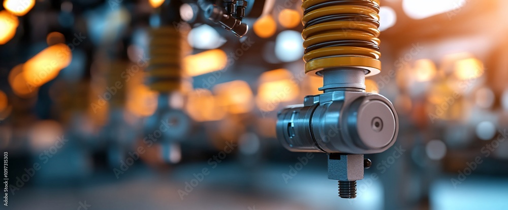 Close-up of a robotic arm's shock absorber in a factory setting. Close-up of a robotic arm's shock absorber in a factory setting.