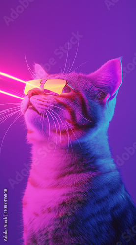 A rainbow laser beam shooting from the eyes of an angry cat, against a purple background