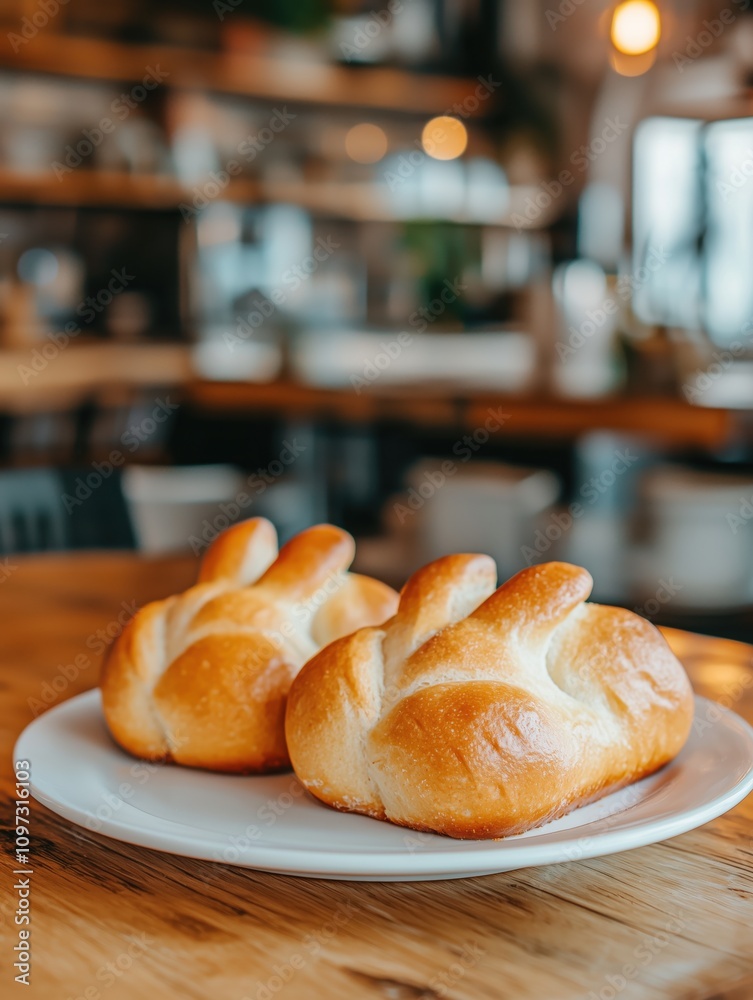 Charming Bunny Bread on White Plate in Warm Rustic Kitchen Charming Bunny Bread on White Plate in Warm Rustic Kitchen