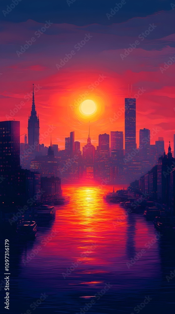 Fototapeta premium An illustration of a vibrant sunset in Stockholm capturing the city’s iconic skyline and the warm colors of the sky blending into the water for smartphone wallpaper