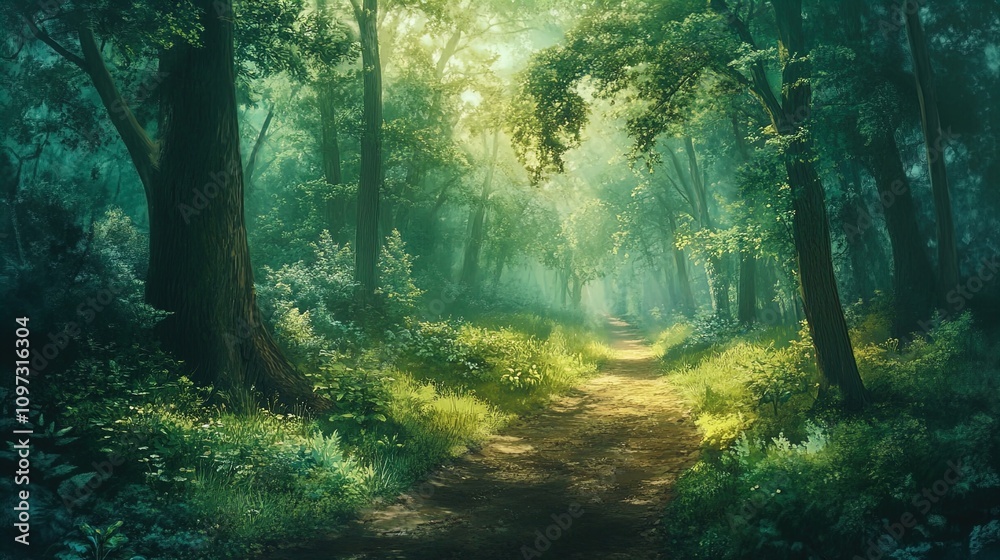 A serene forest scene bathed in soft, dappled sunlight filtering through the dense canopy of trees. The pathway, a natural dirt trail, meanders through the lush greenery, surrounded by vibrant foliage