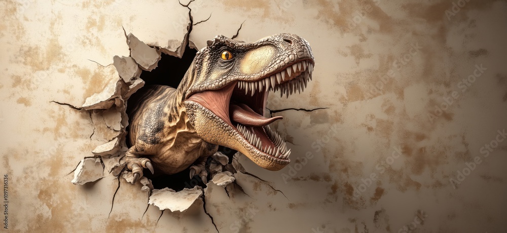 Fototapeta premium Tyrannosaurus rex breaking through wall, fierce expression, detailed texture, realistic depiction, dramatic scene