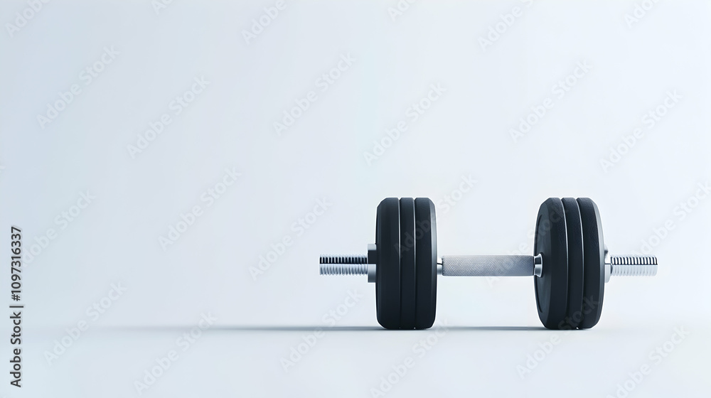Single black dumbbell on light grey background. Single black dumbbell on light grey background.