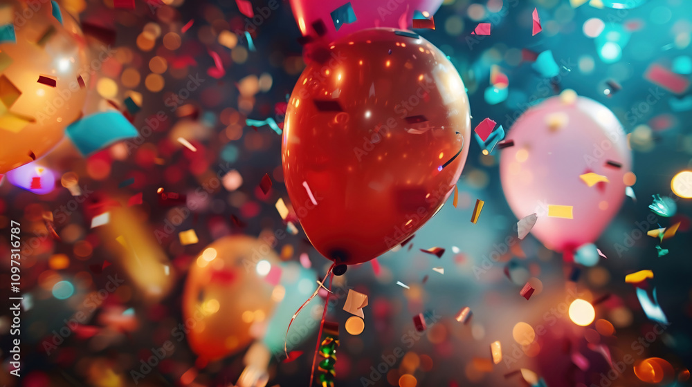 Colorful Balloons, Confetti Celebration, Festive Happy New Year Party, Joyful Event Colorful Balloons, Confetti Celebration, Festive Happy New Year Party, Joyful Event