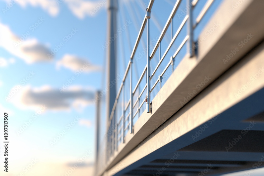 Close-up view of a modern cable-stayed bridge's underside, showcasing its concrete structure, metallic railings, and a partly cloudy sky.
