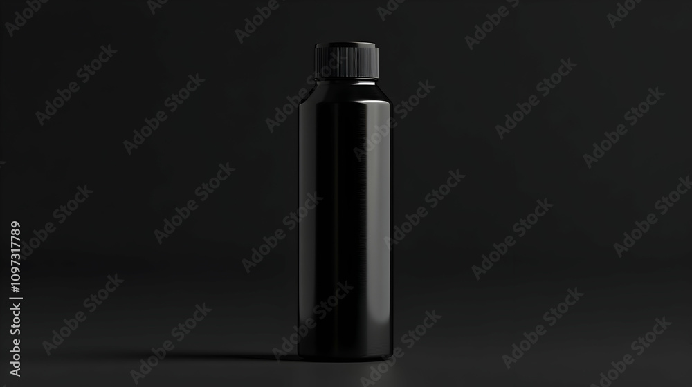 Sleek black bottle on dark background; product mockup. Sleek black bottle on dark background; product mockup.
