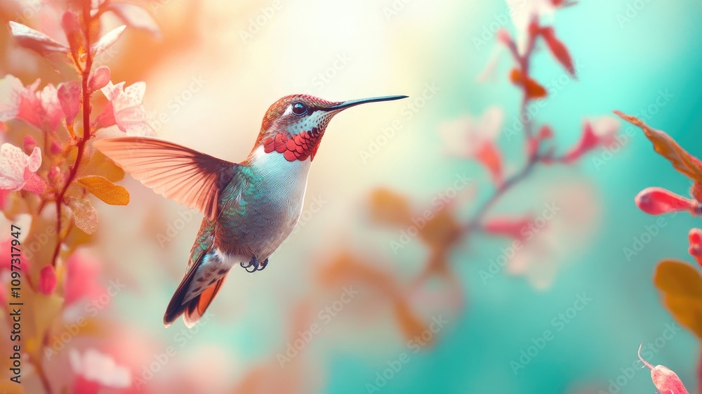 Fototapeta premium Hummingbird hovers among colorful flowers, bathed in soft light