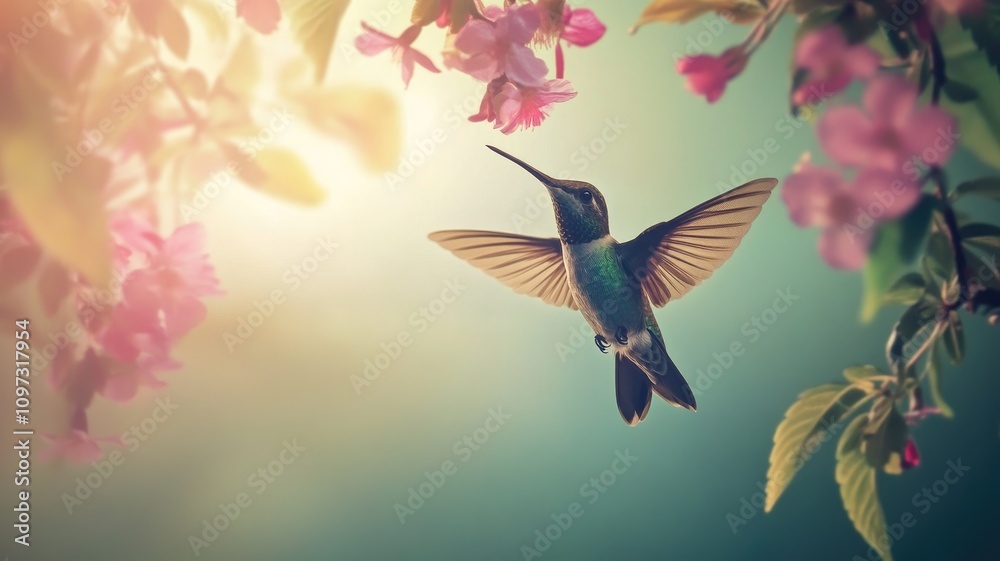 Hummingbird hovers near vibrant pink flowers in soft, dreamy light Hummingbird hovers near vibrant pink flowers in soft, dreamy light