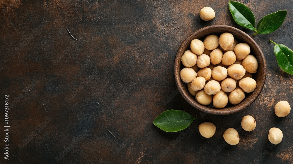 Bowl of macadamia nuts with green leaves on dark surface Bowl of macadamia nuts with green leaves on dark surface