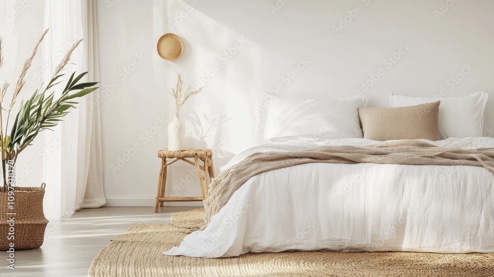 Minimalist bedroom with neutral tones, woven furniture, and natural light Minimalist bedroom with neutral tones, woven furniture, and natural light