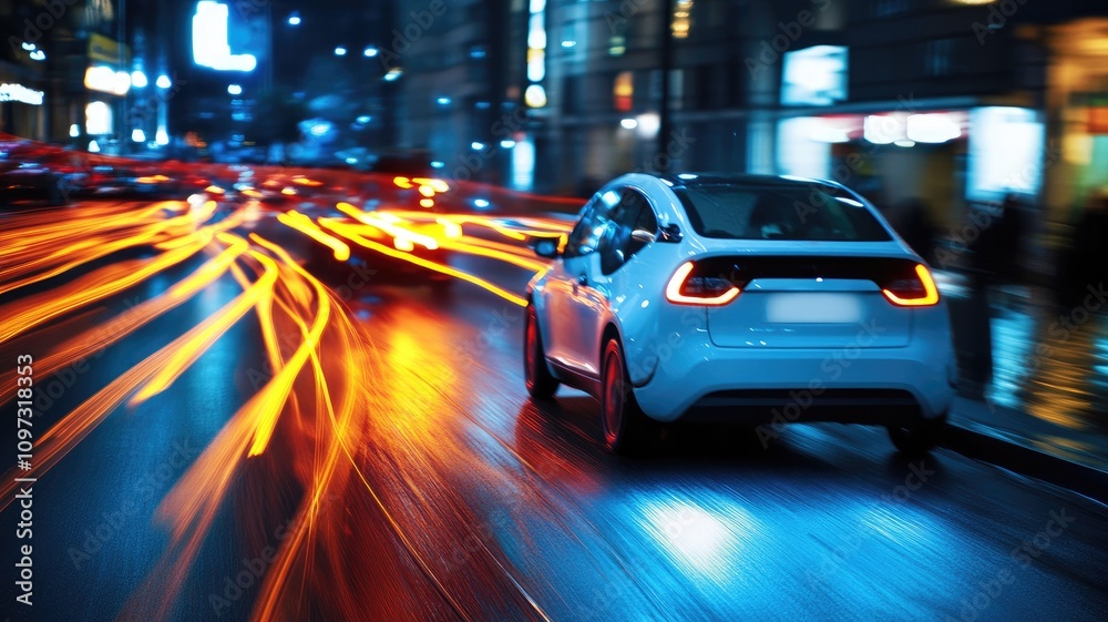 Modern white electric car speeding through vibrant city at night Modern white electric car speeding through vibrant city at night
