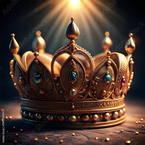 Ornate golden crown with jewels under dramatic lighting photo