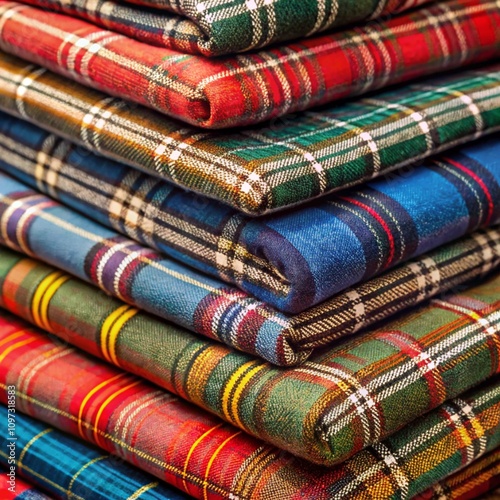 Stack of folded tartan fabrics in vibrant plaid patterns