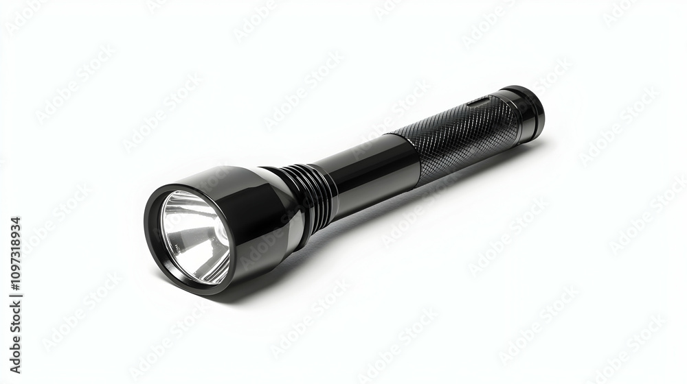Sleek black flashlight isolated on white background.
