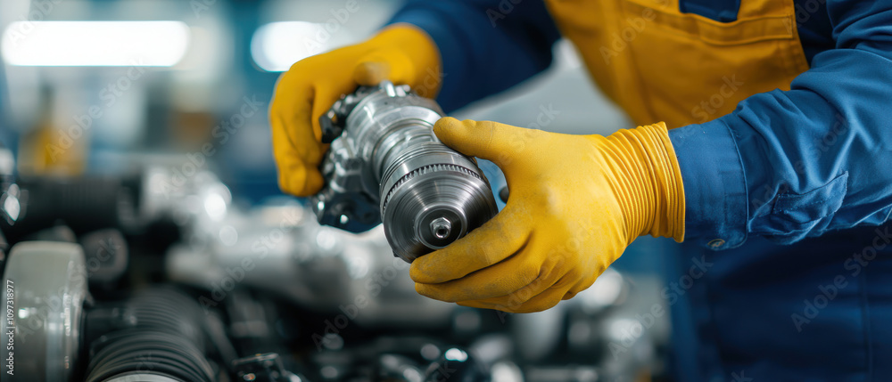 Turbocharger Installation Concept. A technician inspects a turbocharger component, wearing protective gloves, in a well-lit industrial workshop. Turbocharger Installation Concept. A technician inspects a turbocharger component, wearing protective gloves, in a well-lit industrial workshop.