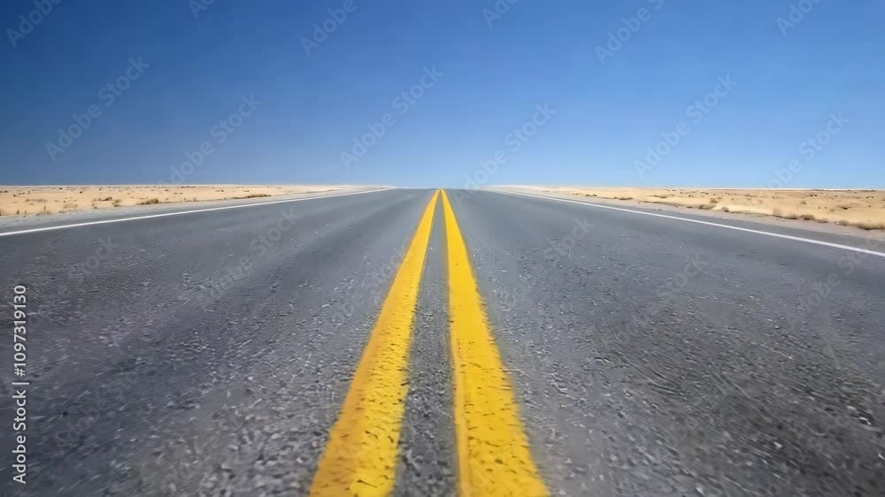 Endless highway journey through desert landscape with yellow lines on asphalt road