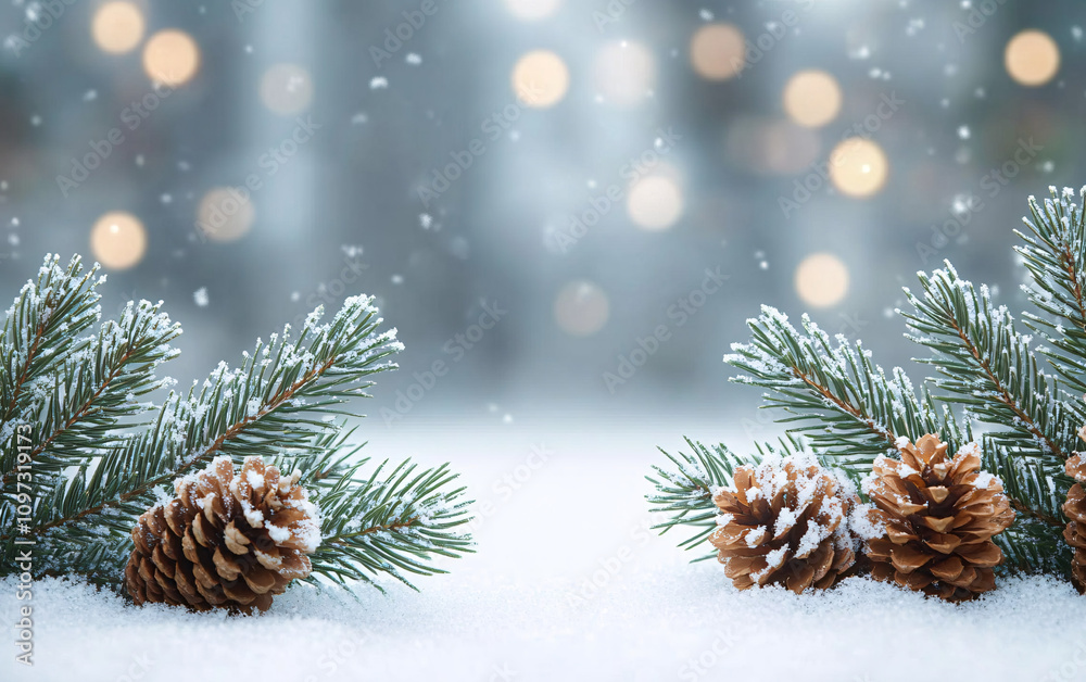 A serene winter scene featuring snowy pine branches and pinecones, perfect for festive Christmas cards, holiday promotions, or winter-themed designs. A serene winter scene featuring snowy pine branches and pinecones, perfect for festive Christmas cards, holiday promotions, or winter-themed designs.