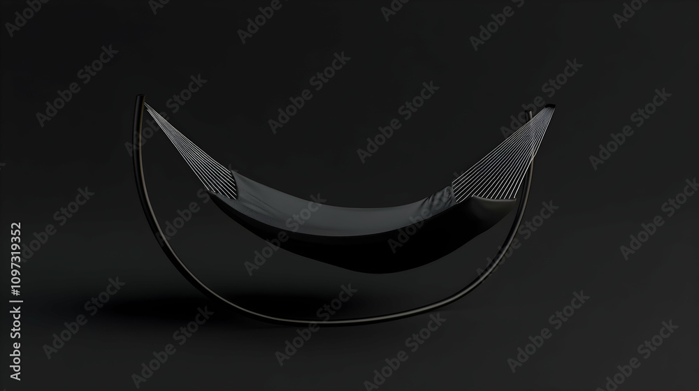 Sleek black hammock on a curved stand, isolated on a dark background. Sleek black hammock on a curved stand, isolated on a dark background.