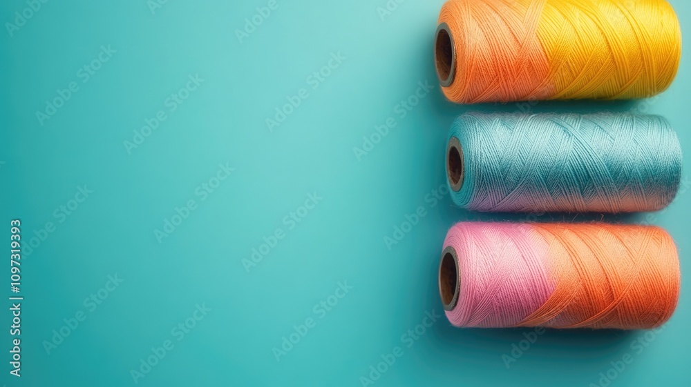 Three colorful yarn spools on blue background Three colorful yarn spools on blue background