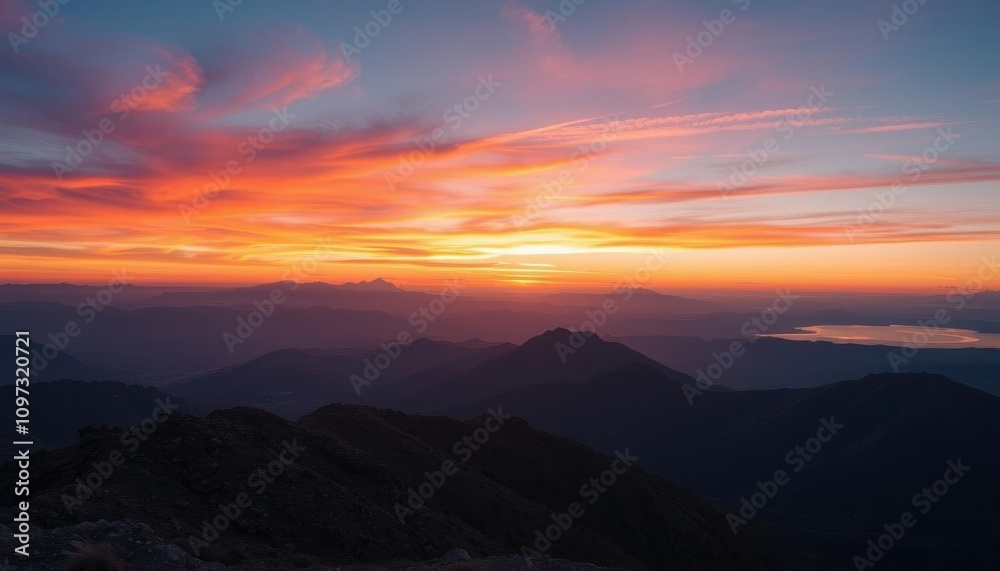 a view of a sunset over a mountain range with a lake in the distance a view of a sunset over a mountain range with a lake in the distance