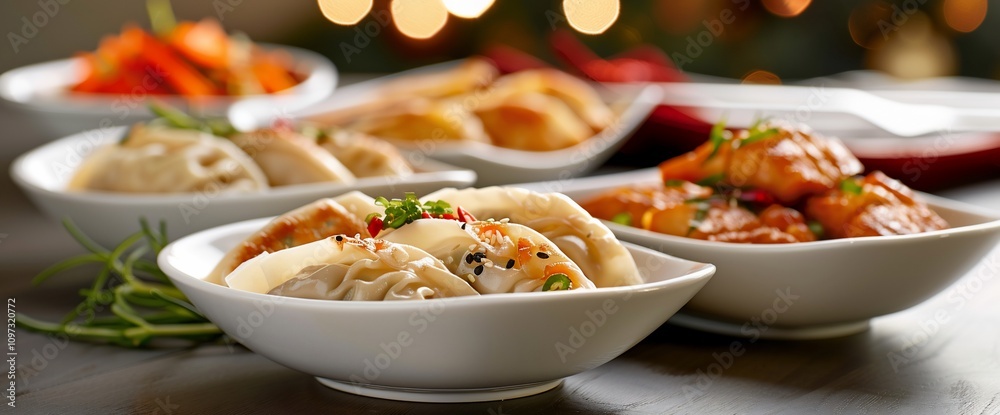 Delicious dumplings, potstickers, and Asian-style dishes served in elegant white bowls. Delicious dumplings, potstickers, and Asian-style dishes served in elegant white bowls.