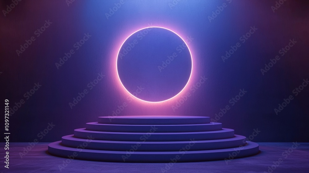 Circular Neon Light Above a Four-Tiered Podium in a Purple Room Circular Neon Light Above a Four-Tiered Podium in a Purple Room