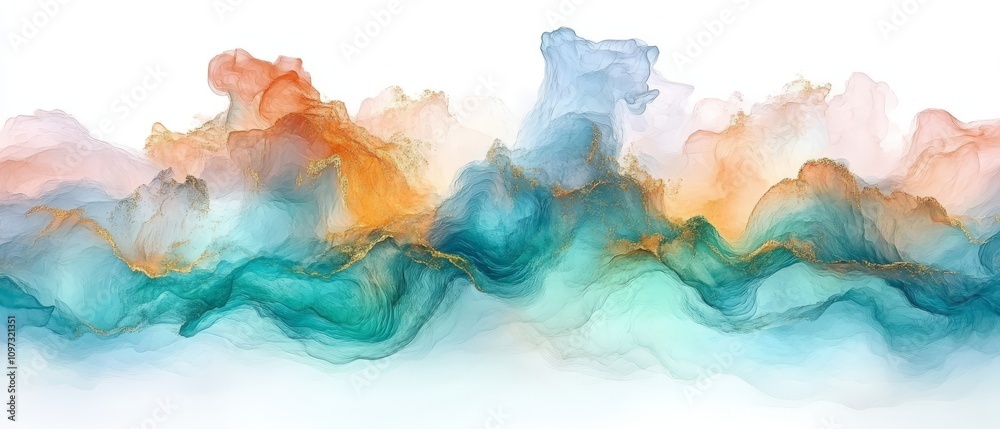 Soft watercolor inspired clouds in warm shades of teal, orange, and beige, forming an ethereal abstract landscape with a dreamy and calming atmosphere ideal for artistic visuals Soft watercolor inspired clouds in warm shades of teal, orange, and beige, forming an ethereal abstract landscape with a dreamy and calming atmosphere ideal for artistic visuals