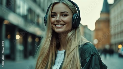 Smiling Woman Enjoying Music on City Street