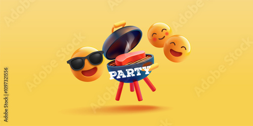 Summer party in nature. Funny emoji characters, grill with meat, 3D. For concepts of picnic, outdoor recreation, fun leisure with friends. Vector illustration.