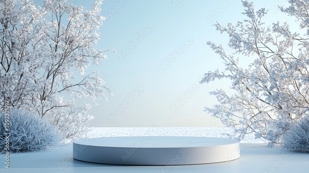 Fototapeta premium White Platform Surrounded by Snow-Covered Trees and Grass