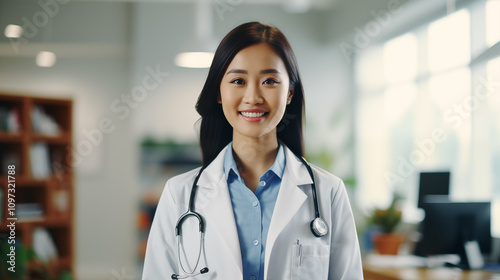 Smiling Asian female doctor in lab coat standing in hospital corridor