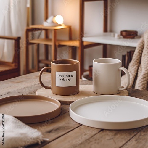 Wallpaper Mural Cozy Coffee Mugs and Plates on Wooden Table Torontodigital.ca