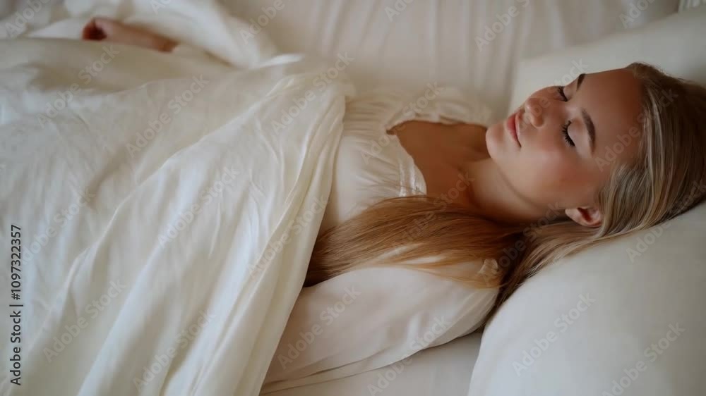 Peaceful blonde girl with fair skin sleeping in white nightdress on her bed at night. Peaceful blonde girl with fair skin sleeping in white nightdress on her bed at night.