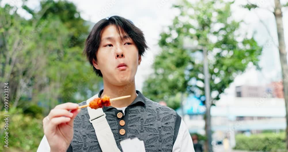 Asian man, street food and eating outdoor, travel and walking on vacation for tourism. Japanese person, city and enjoy snack, chicken and karaage meat on holiday for sightseeing adventure or trip Asian man, street food and eating outdoor, travel and walking on vacation for tourism. Japanese person, city and enjoy snack, chicken and karaage meat on holiday for sightseeing adventure or trip