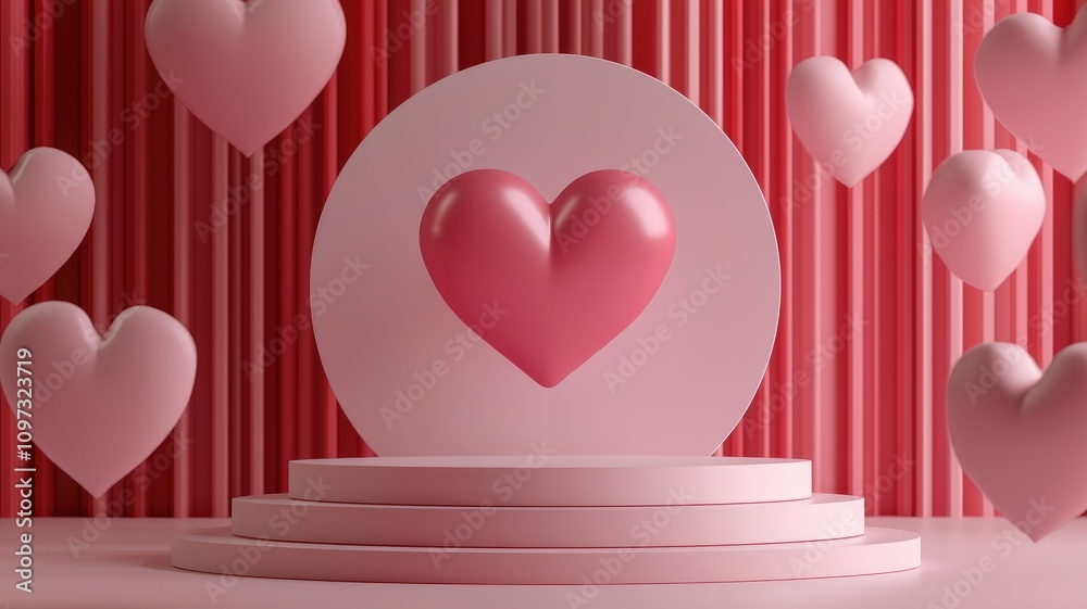 A Pink Heart on a Tiered Display with a Red Striped Background A Pink Heart on a Tiered Display with a Red Striped Background