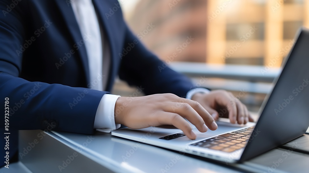 Businessman Using Laptop Computer Outdoors Businessman Using Laptop Computer Outdoors