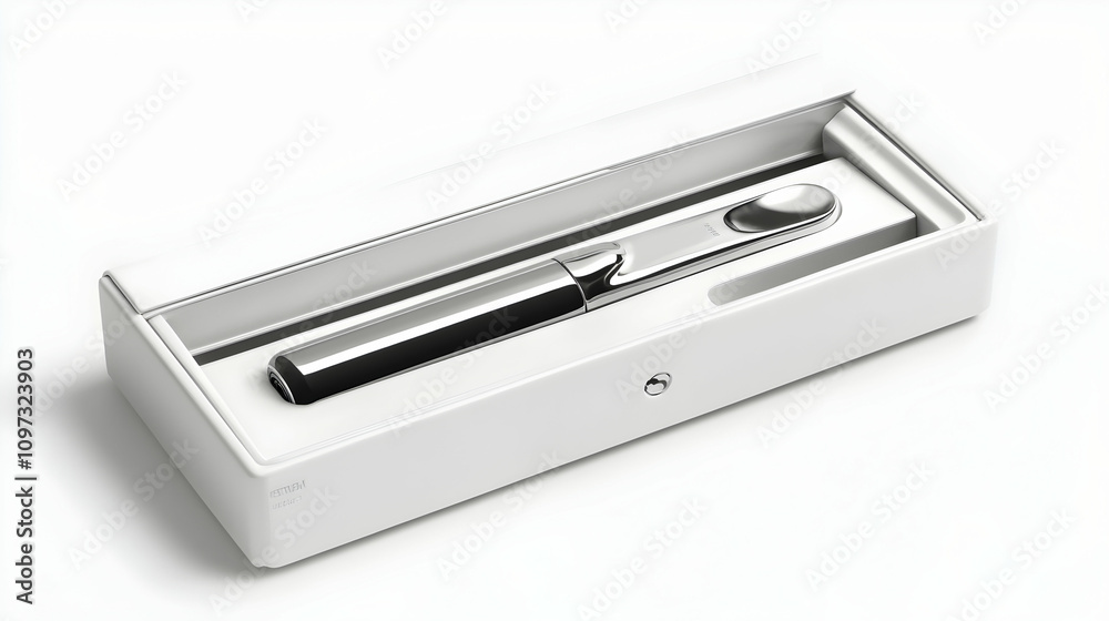 Sleek silver and black applicator in a minimalist white box, showcasing clean design and premium packaging. Sleek silver and black applicator in a minimalist white box, showcasing clean design and premium packaging.