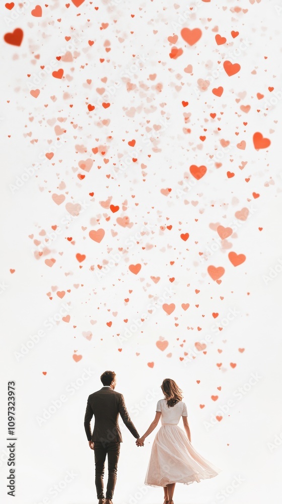Romantic couple walking under shower of hearts: valentine's day celebration