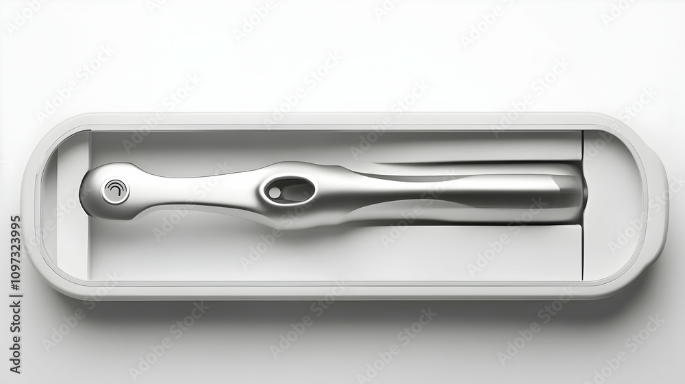 Sleek silver device in a white protective case, top view. Sleek silver device in a white protective case, top view.