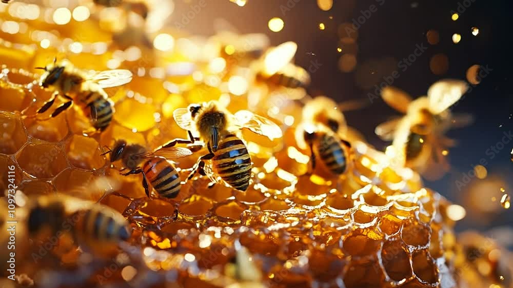 Close-up of bees on honeycomb, showcasing their role in honey production.