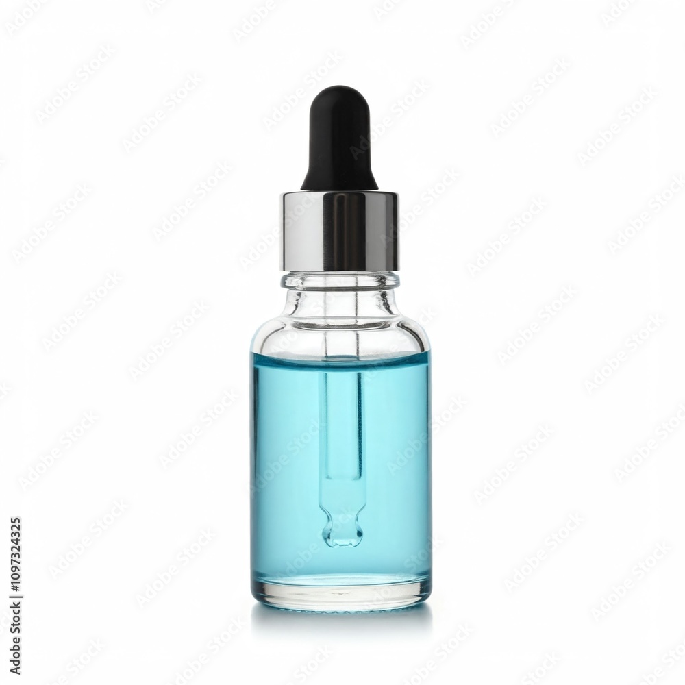 glass dropper bottle with blue liquid isolated on white background