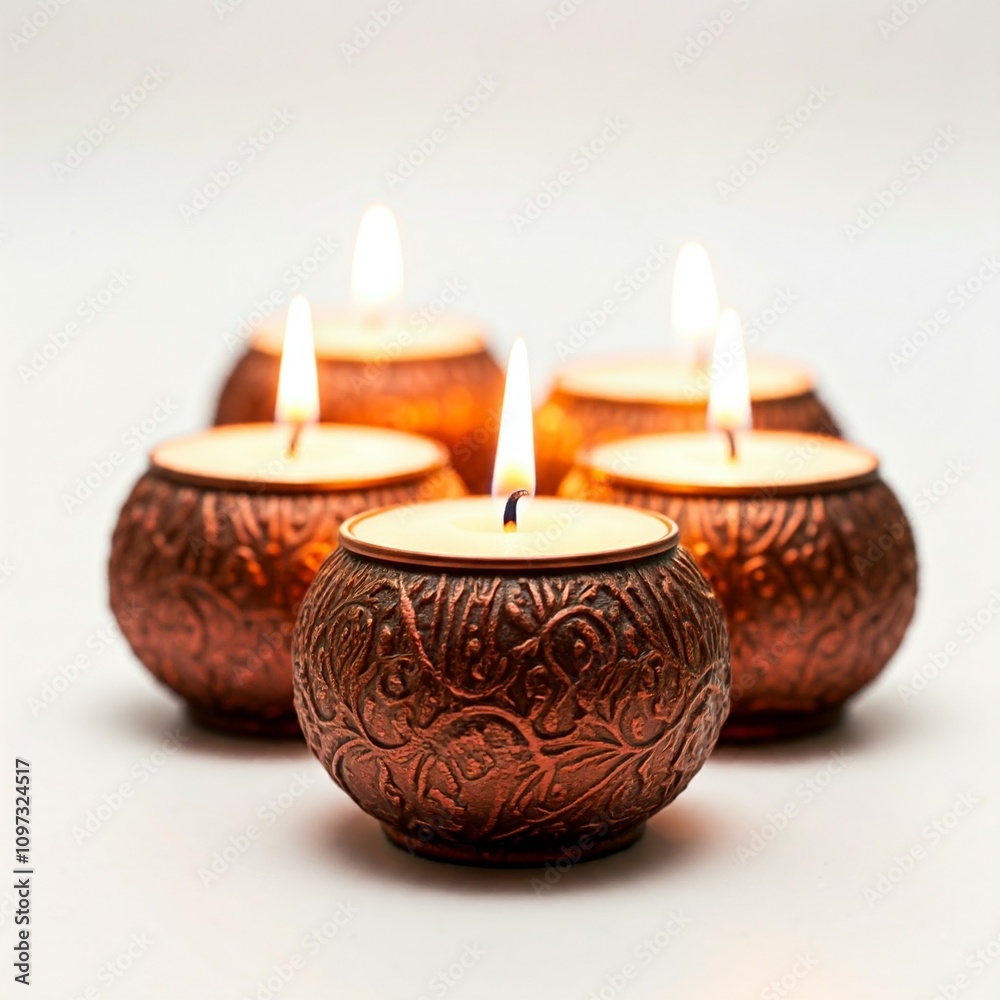 warm candlelight in ornate copper candle holders on white background warm candlelight in ornate copper candle holders on white background