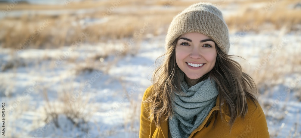 Smiling woman in winter attire, snowy landscape, warm hat, scarf, golden jacket, bright smile, natural beauty, outdoor portrait Smiling woman in winter attire, snowy landscape, warm hat, scarf, golden jacket, bright smile, natural beauty, outdoor portrait