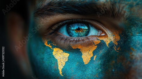 A close-up of a human eye with a painted map of the world