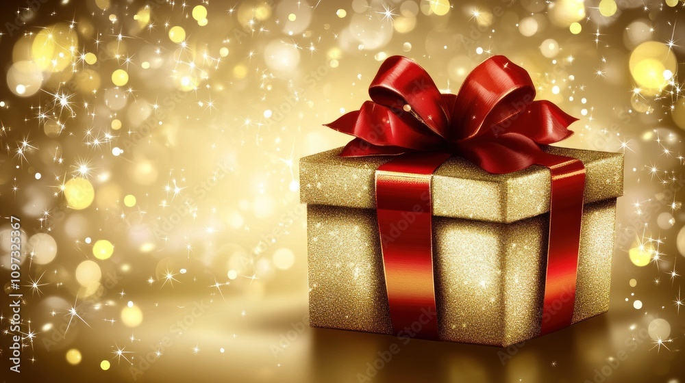 A Gold Gift Box With Red Ribbon On Gold Background A Gold Gift Box With Red Ribbon On Gold Background